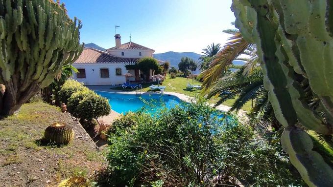 Una villa blanca con techo de terracota domina una piscina azul en un jardín con grandes cactus y vistas a la montaña.