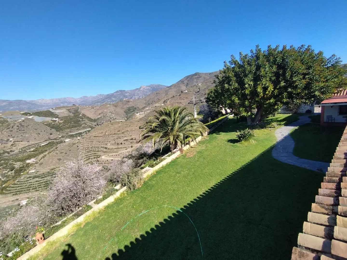 Una vista luminosa y soleada sobre un césped verde hacia escarpadas