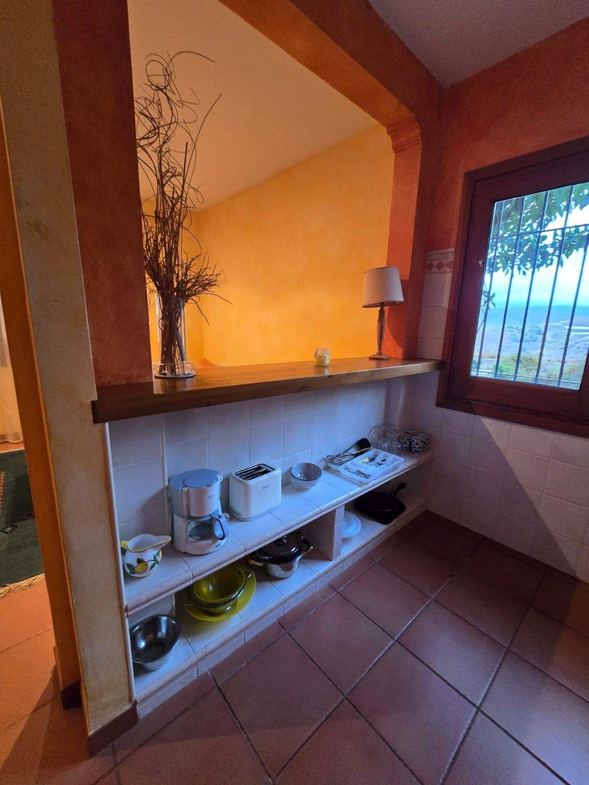 Una encimera de cocina revestida de azulejos alberga electrodomésticos 