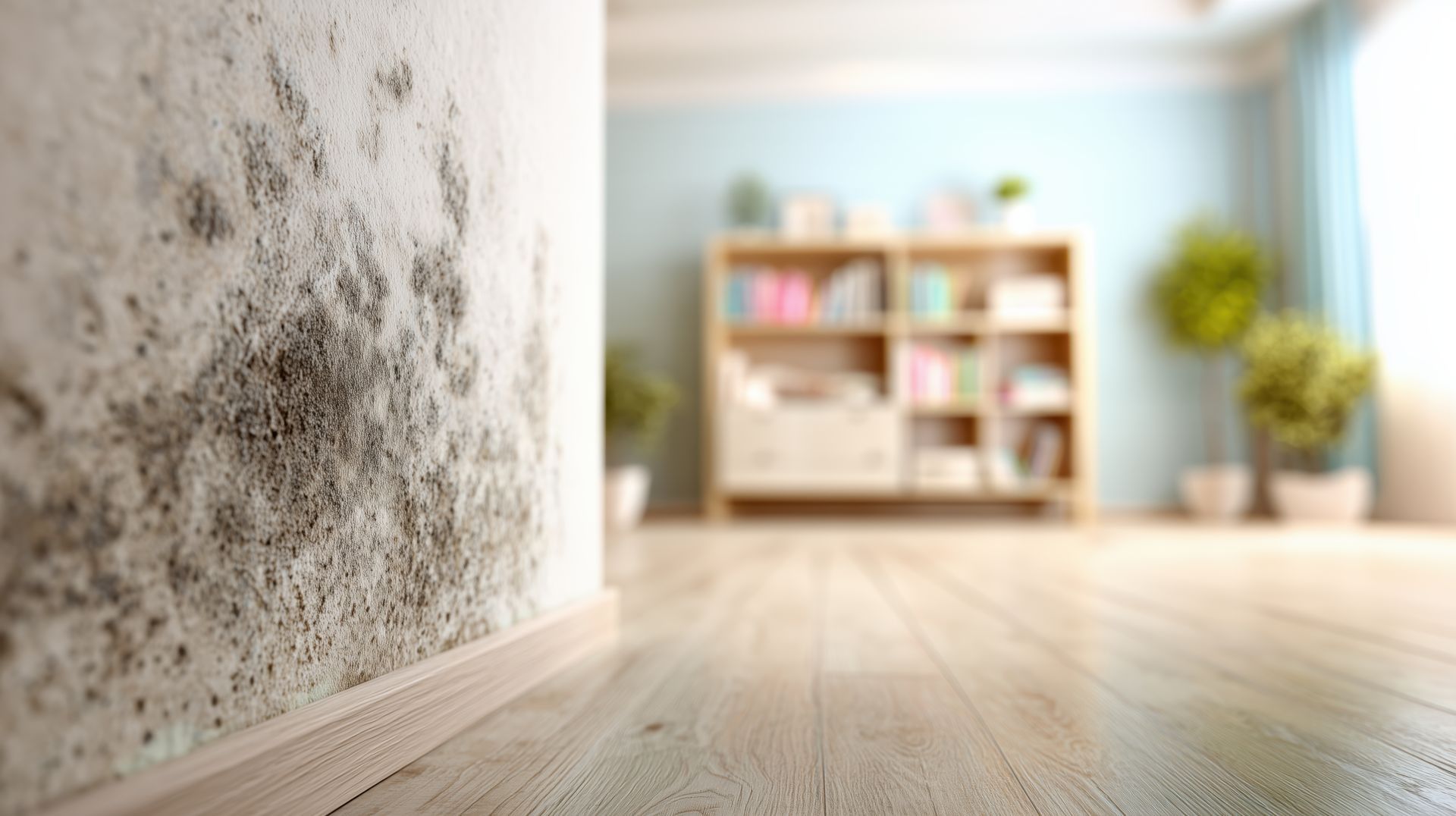 Mur moisi dans une pièce ; sol en bois, étagère floue et mur bleu clair en arrière-plan.