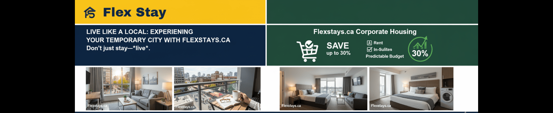 Infographic comparing traditional hotel stays to corporate housing, showing savings of up to 30% with Flexstays.ca.