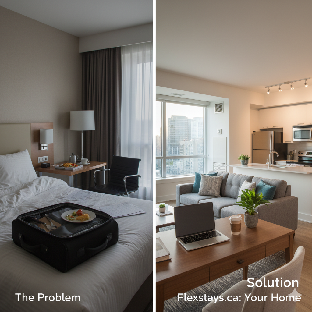Comparison: hotel room (problem) vs. modern apartment (solution). Text: