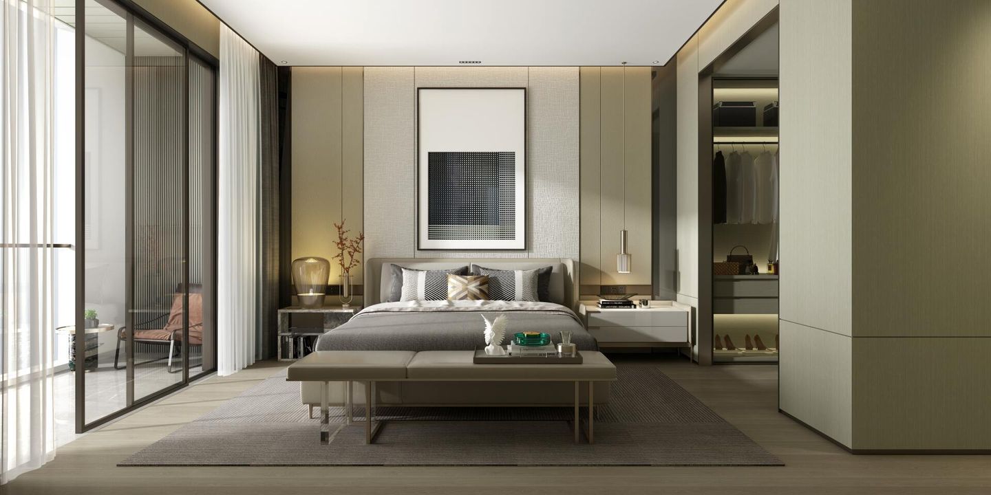 Luxurious bedroom with large bed, walk-in closet, and floor-to-ceiling windows. Neutral tones, modern decor.