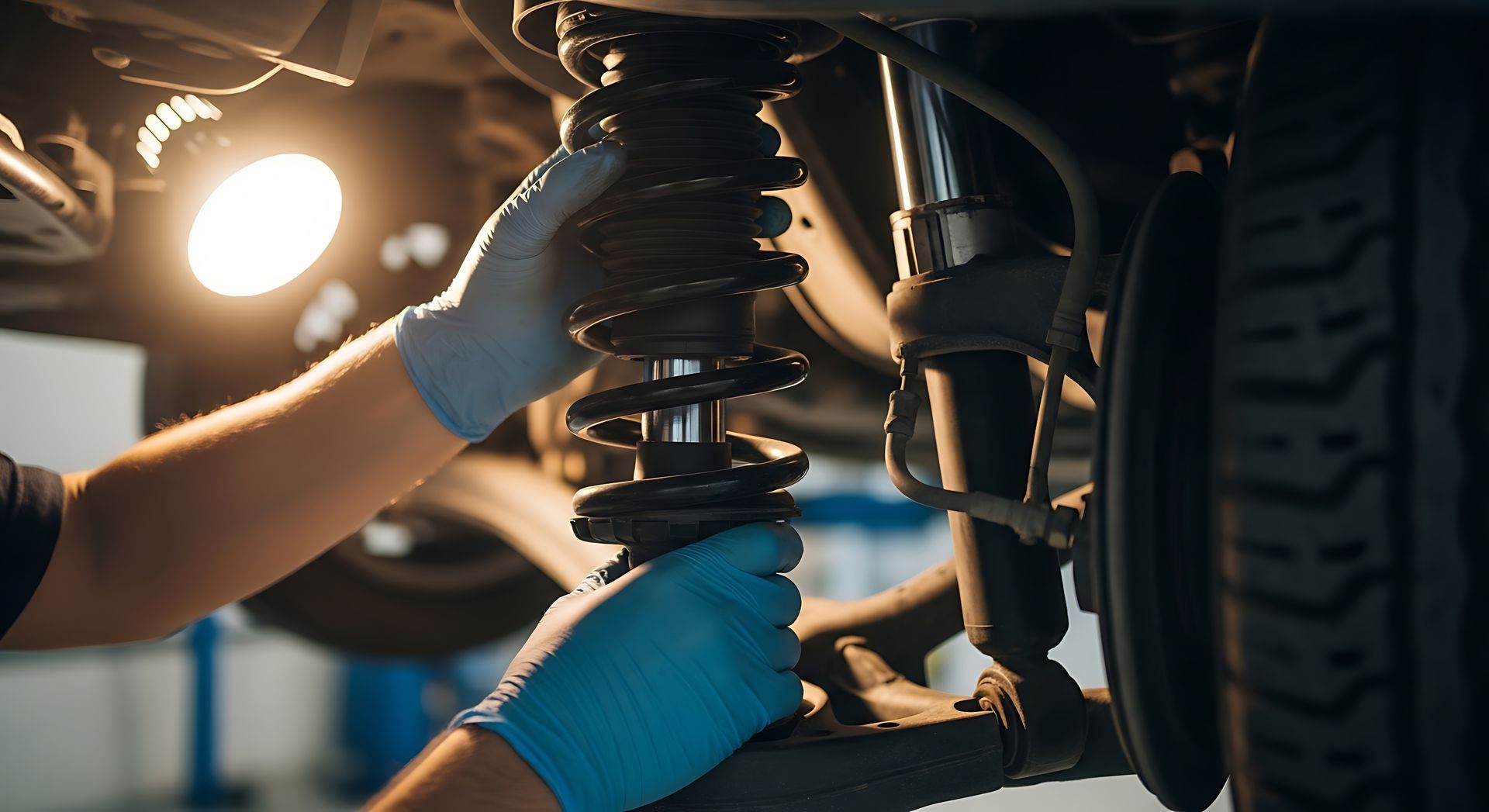 Un mécanicien portant des gants bleus répare la suspension d'une voiture sous le passage de roue.