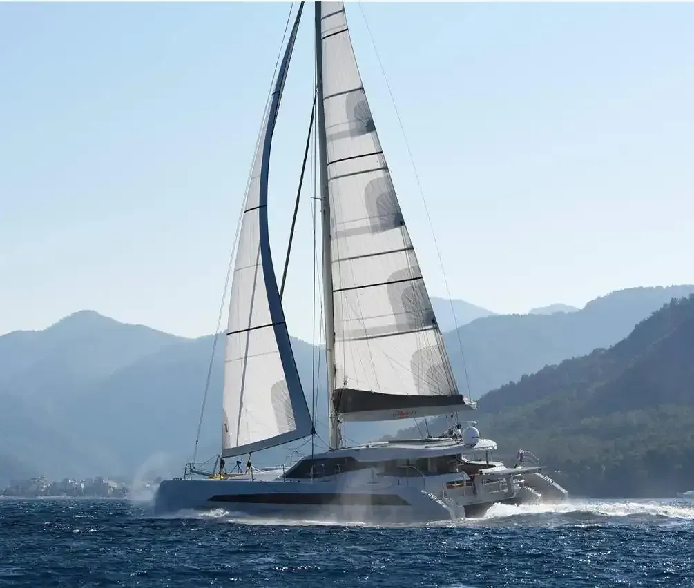 Un catamarán blanco navegando en aguas azules cerca de una cadena montañosa, bajo un cielo despejado.
