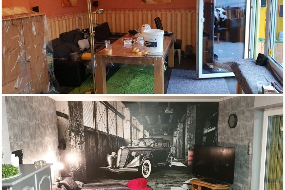 Vorher-Nachher-Fotos einer Zimmerrenovierung. Oberes Foto: vollgestellt mit Werkzeug. Unteres Foto: Wandbild und Möbel.