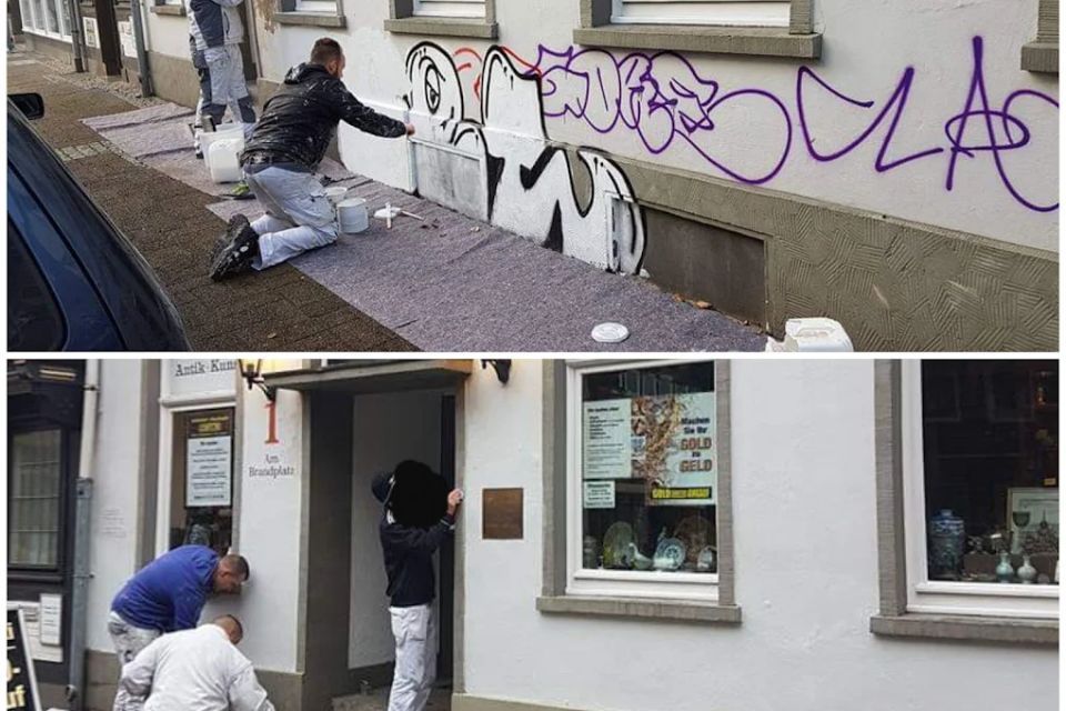 Oben: Ein Mann sprüht Graffiti an ein Gebäude. Unten: Menschen betrachten die gesprühten Graffiti.