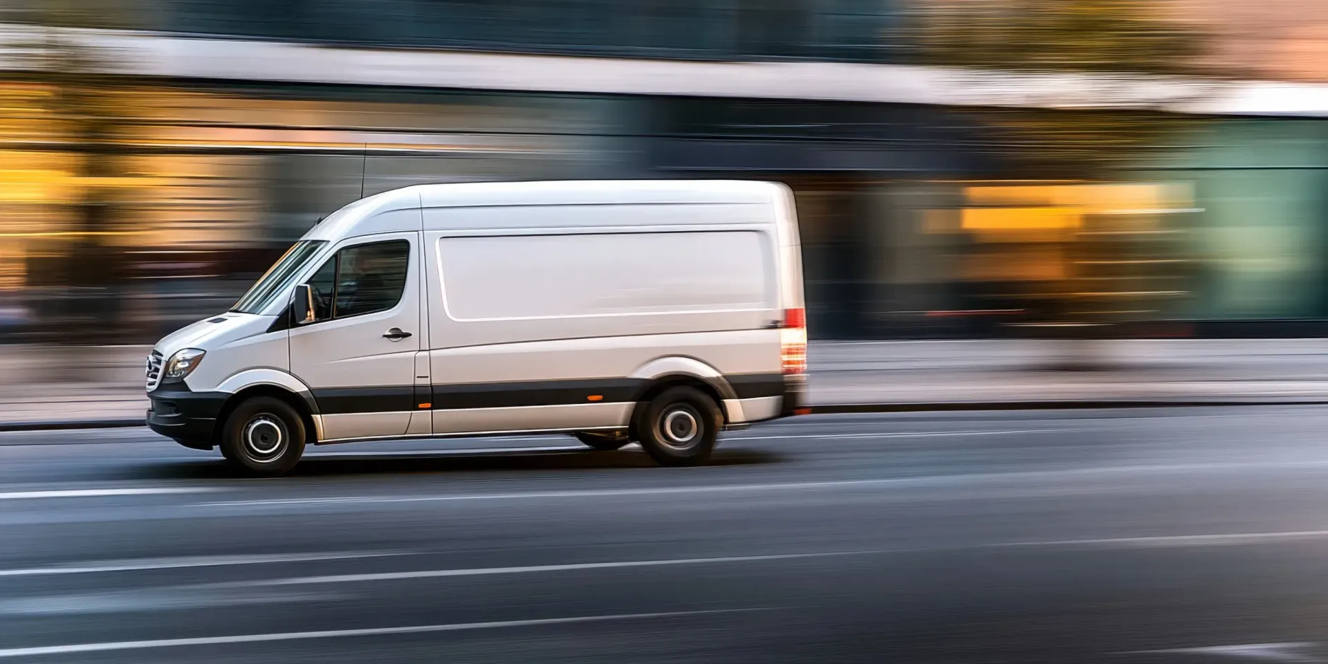 Furgoneta blanca circulando por una calle de la ciudad, el fondo borroso indica movimiento.