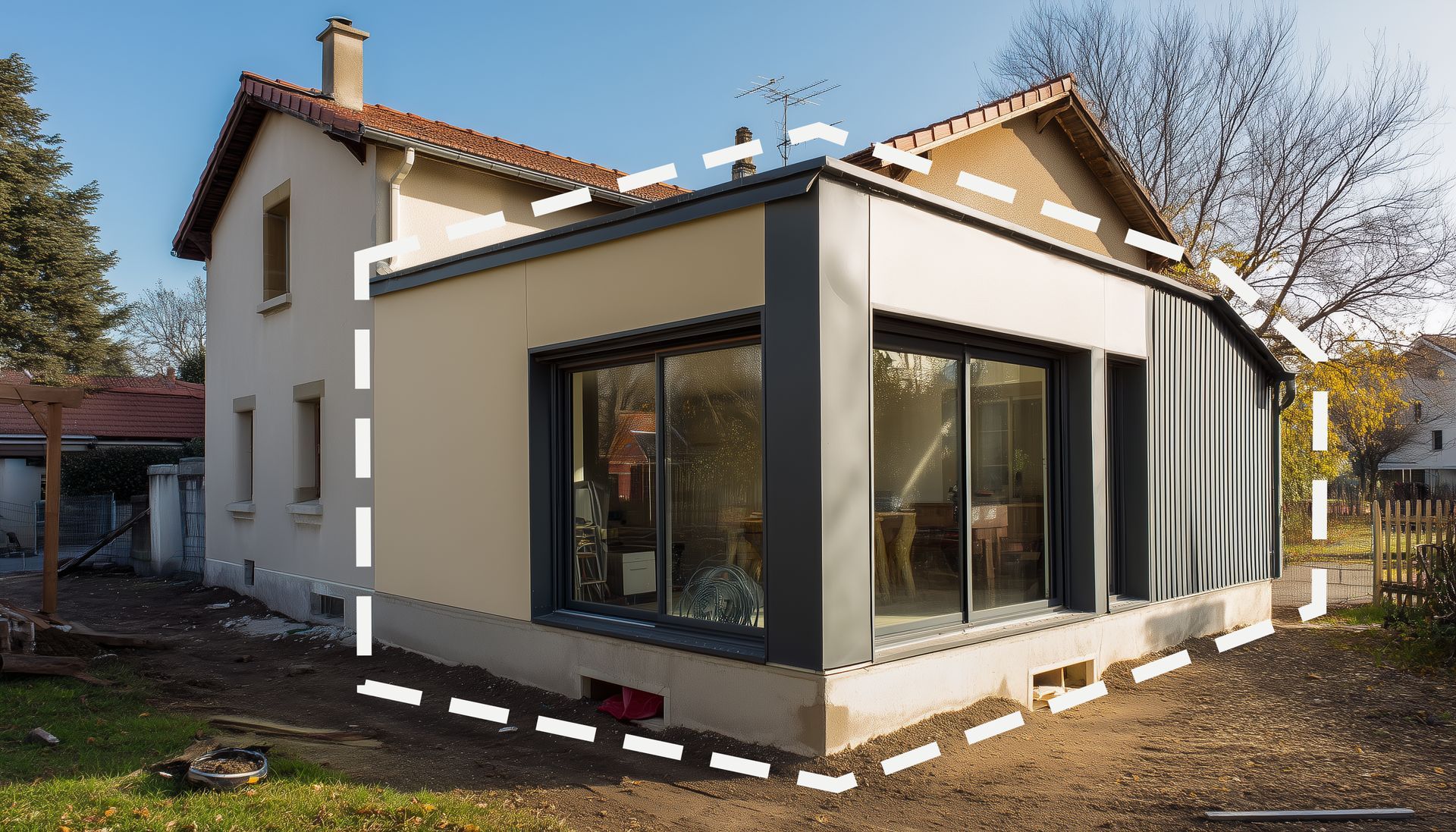 Extension moderne de maison beige avec de grandes fenêtres à cadre noir et des rideaux gris dans le jardin.