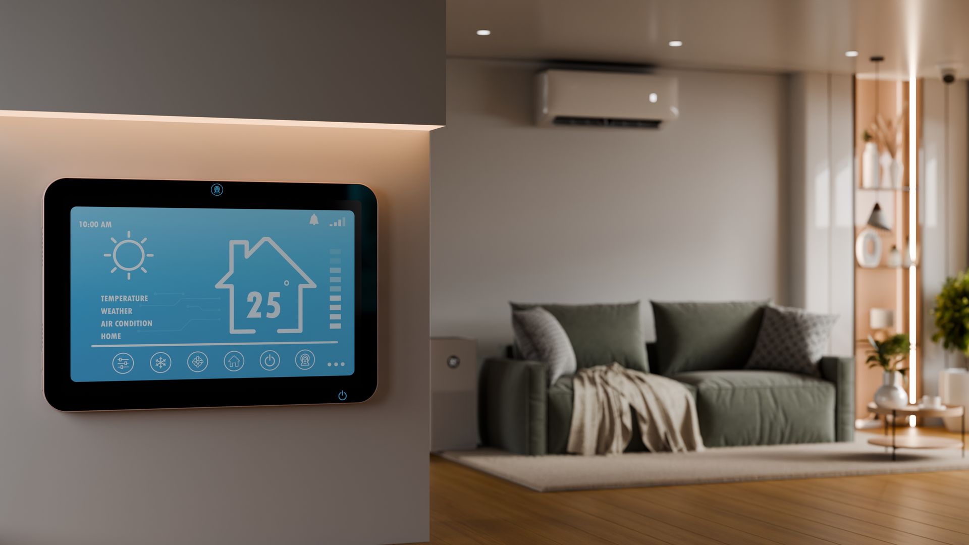 Un thermostat réglé sur 25 degrés et une pompe à chaleur en arrière-plan.