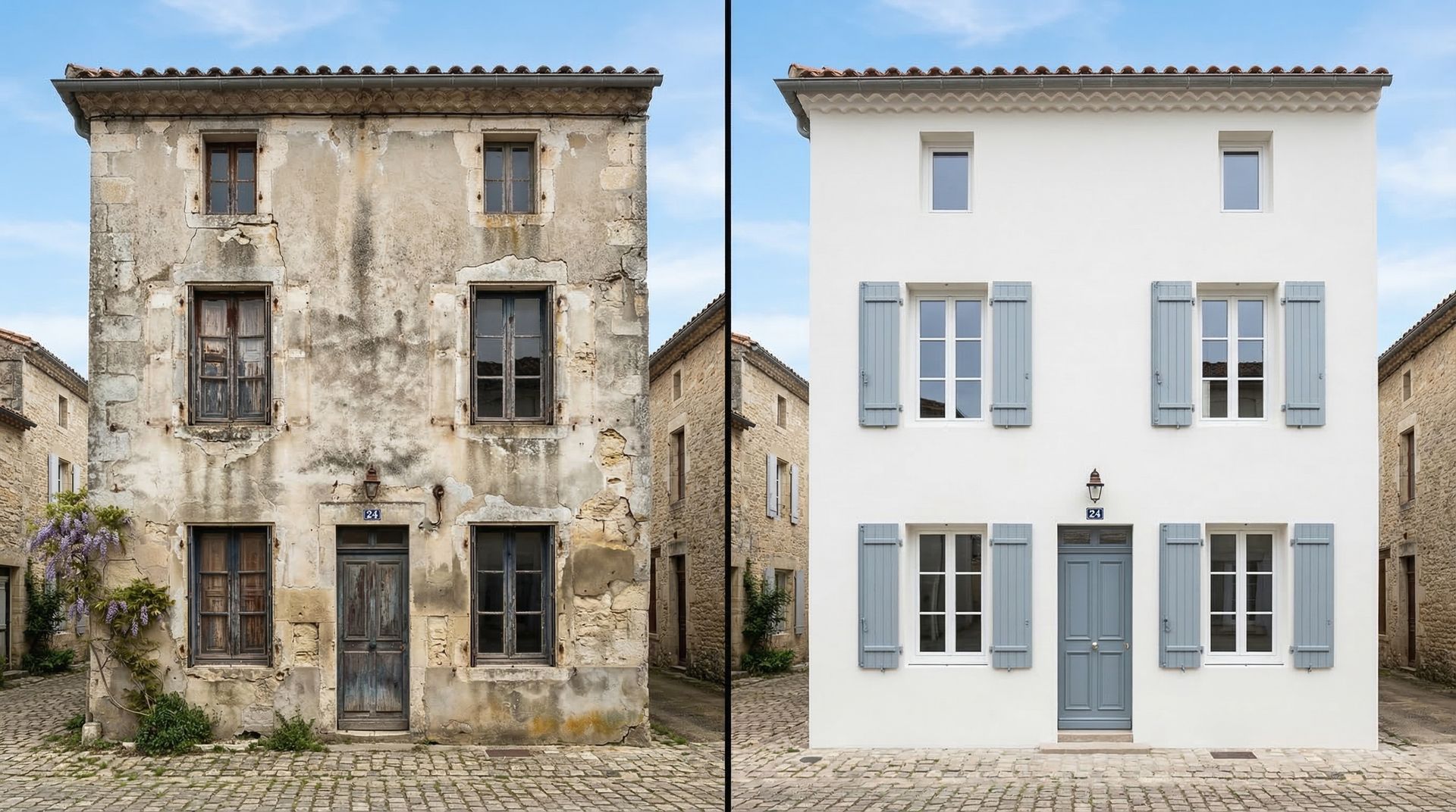 Côte à côte, une vieille maison en pierre patinée par le temps et une maison blanche rénovée avec des volets et des portes bleues.