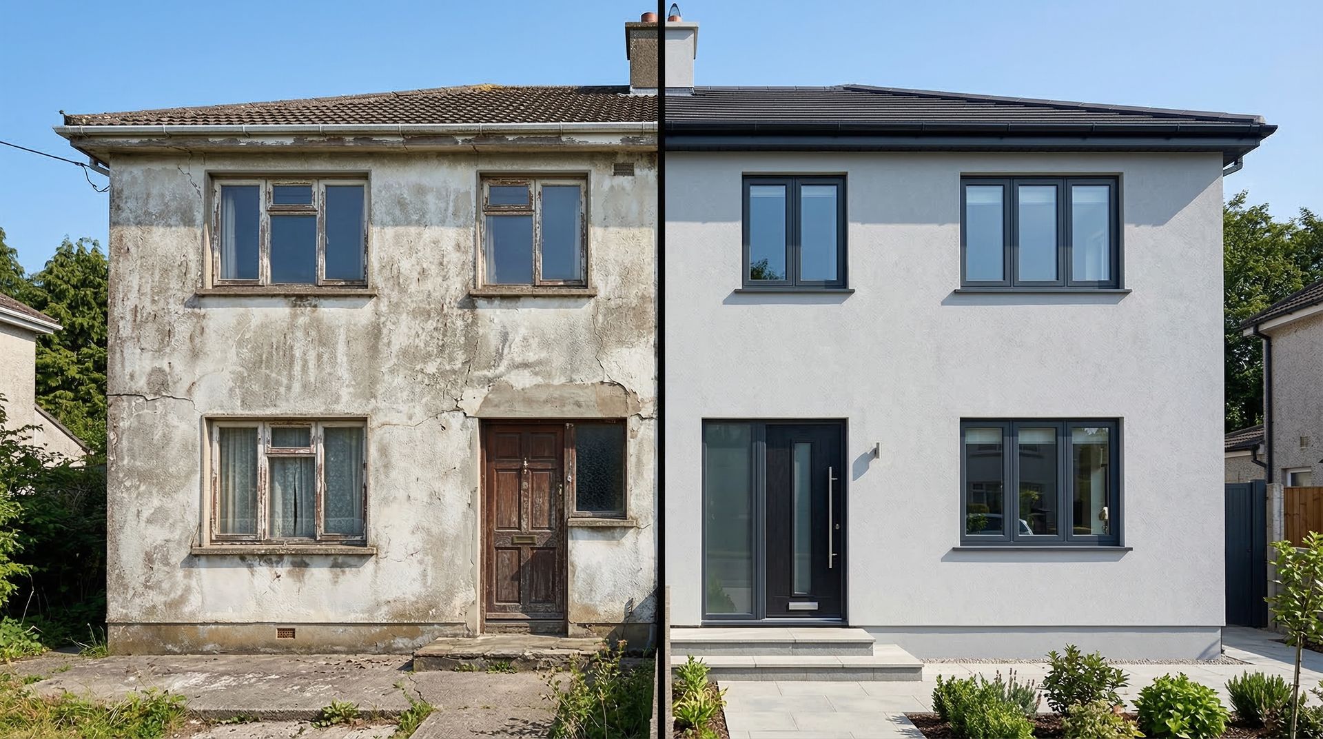 Écran partagé montrant une vieille maison délabrée à côté de sa façade moderne rénovée.