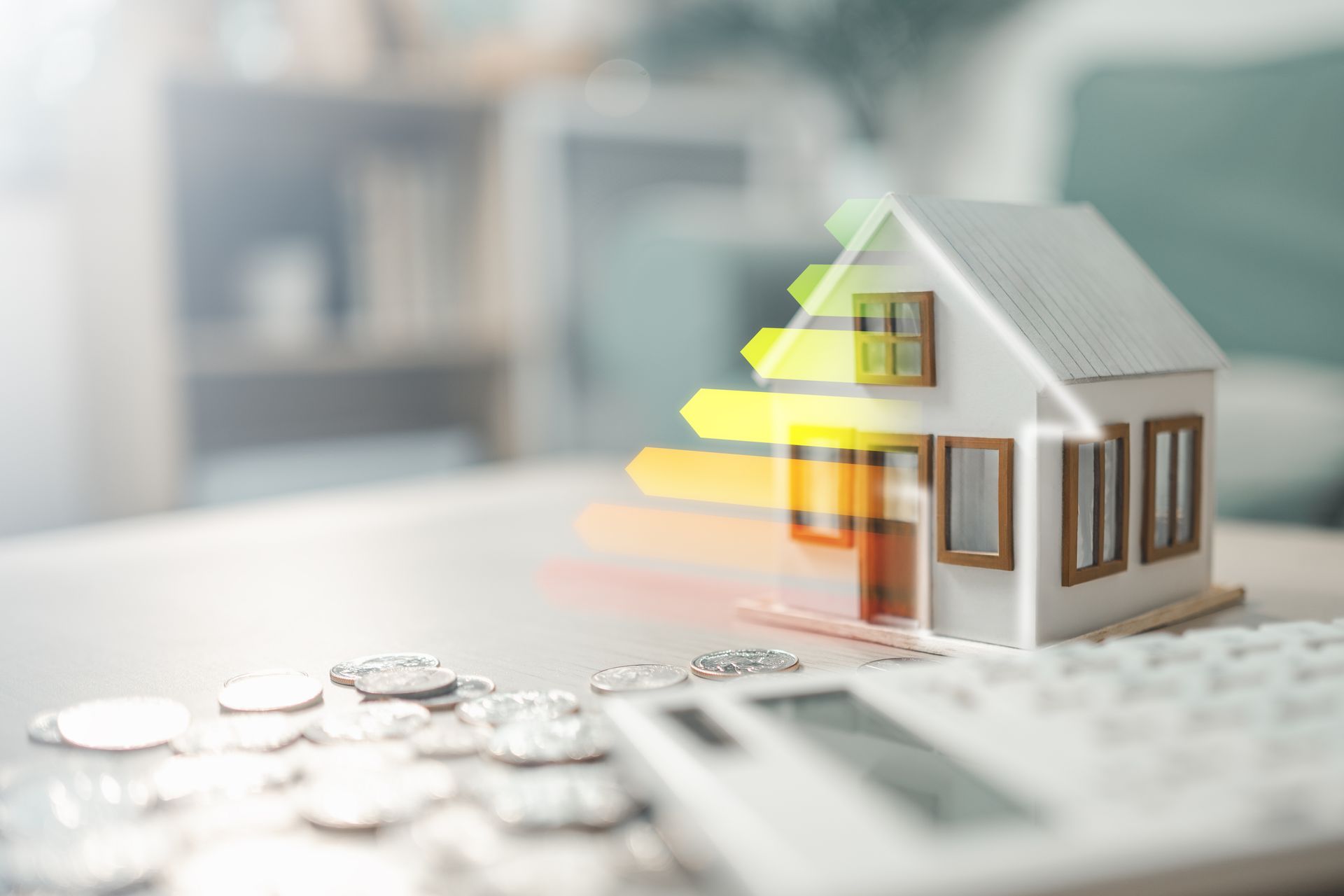 Maquette de maison miniature avec un toit jaune lumineux et des piles de pièces sur une calculatrice.