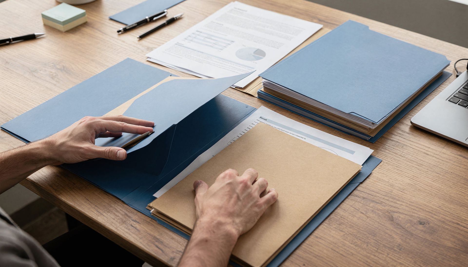 Des mains assemblent des dossiers de présentation bleus et beiges sur un bureau en bois.