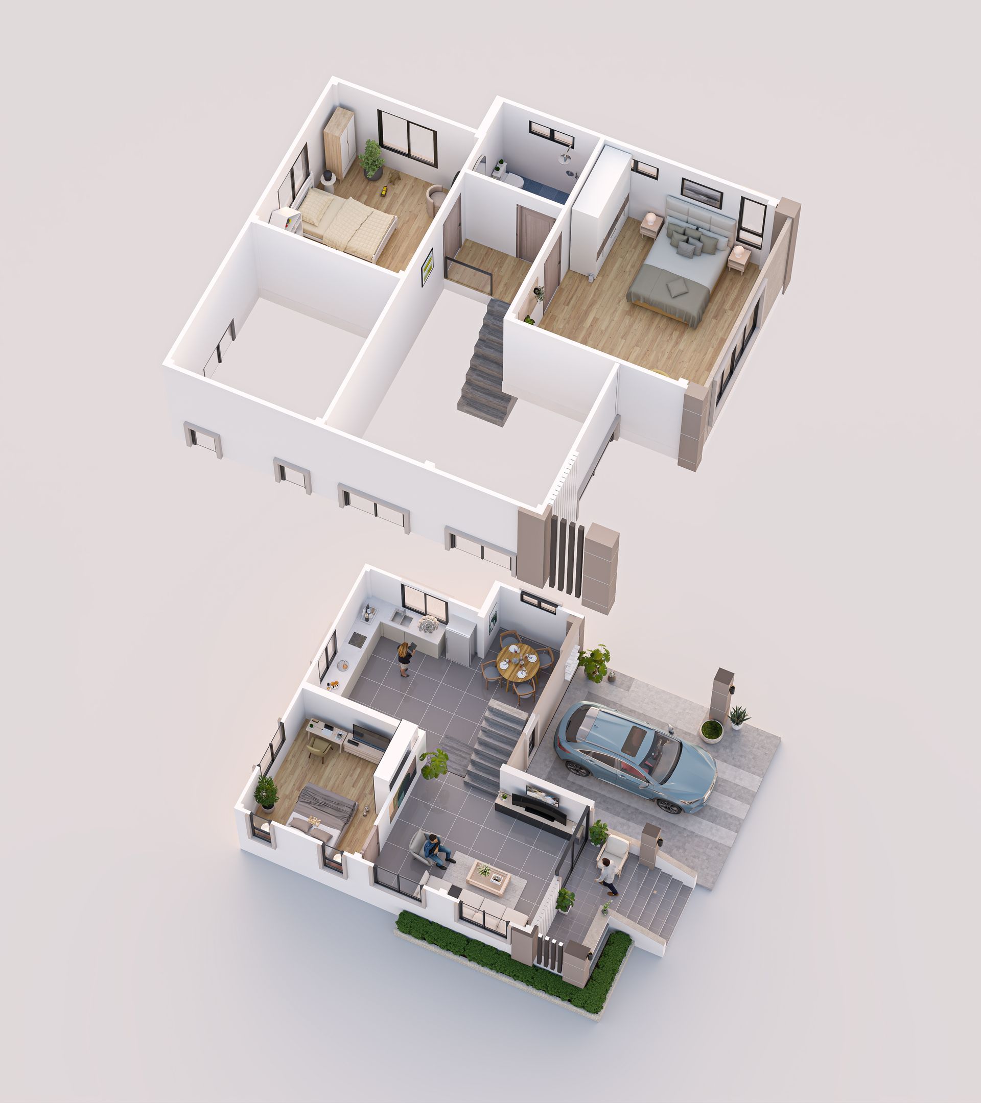 Deux rendus 3D des plans d'une maison moderne, montrant les pièces et le mobilier.