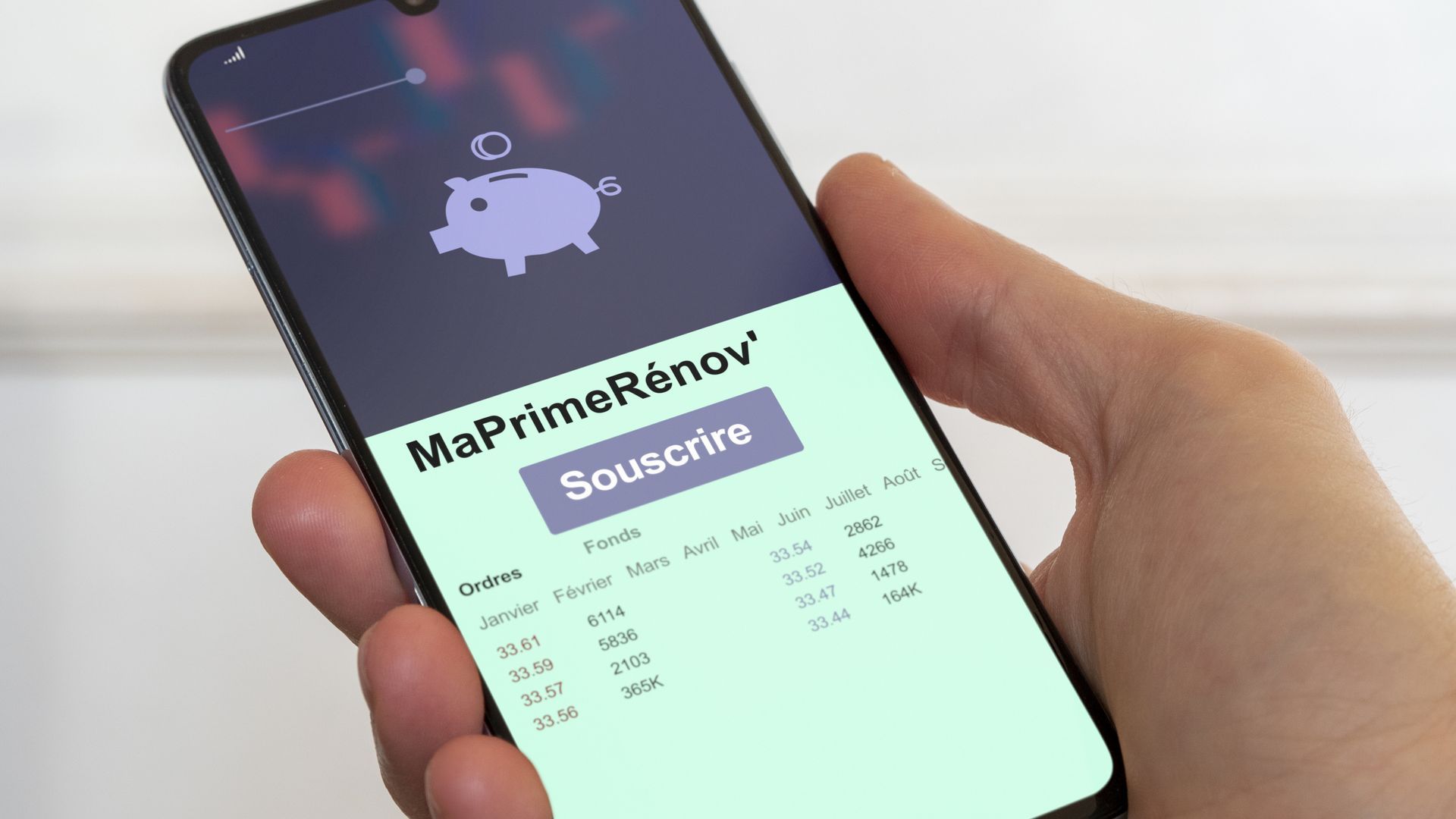Main tenant un smartphone montrant une application de tableau de bord pour l'aide MaPrimeRenov.