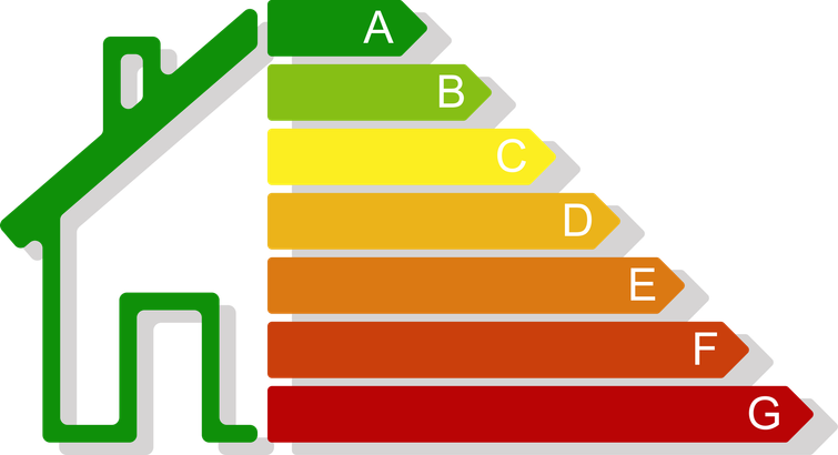 Graphique d'efficacité énergétique en forme de maison avec des barres colorées allant du vert A au rouge G.