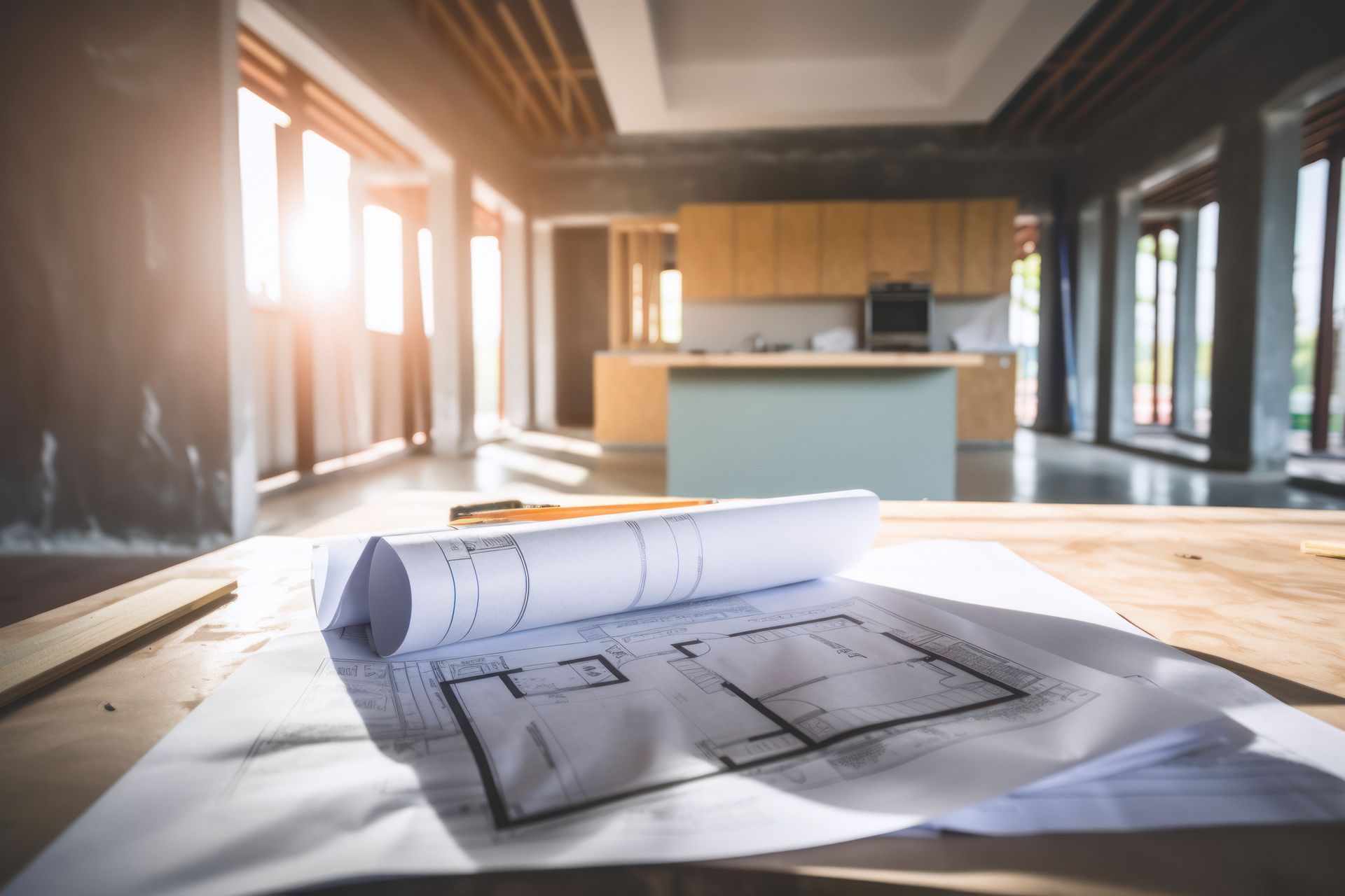Des plans architecturaux roulés sur une table dans une pièce moderne baignée de soleil.