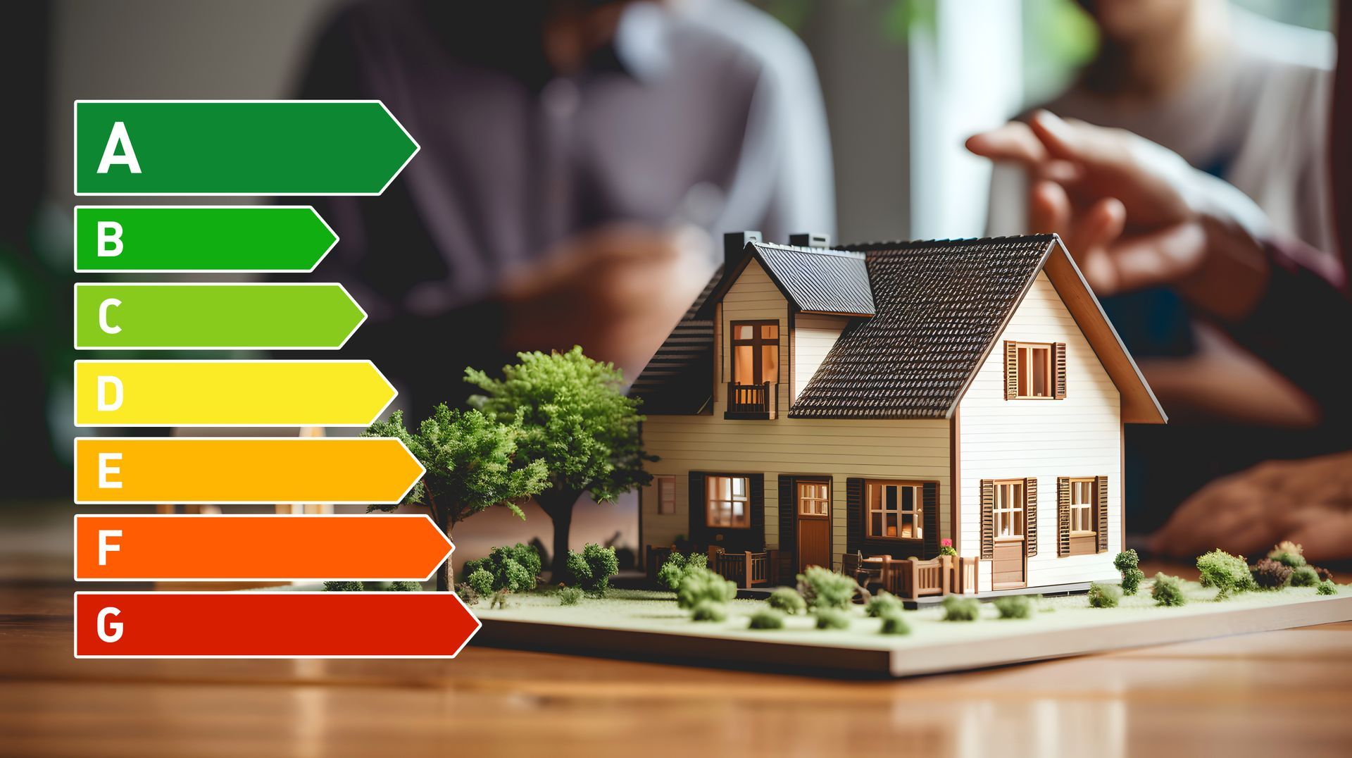 Tableau d'efficacité énergétique à côté d'une maison modèle, une main la posant sur une table.