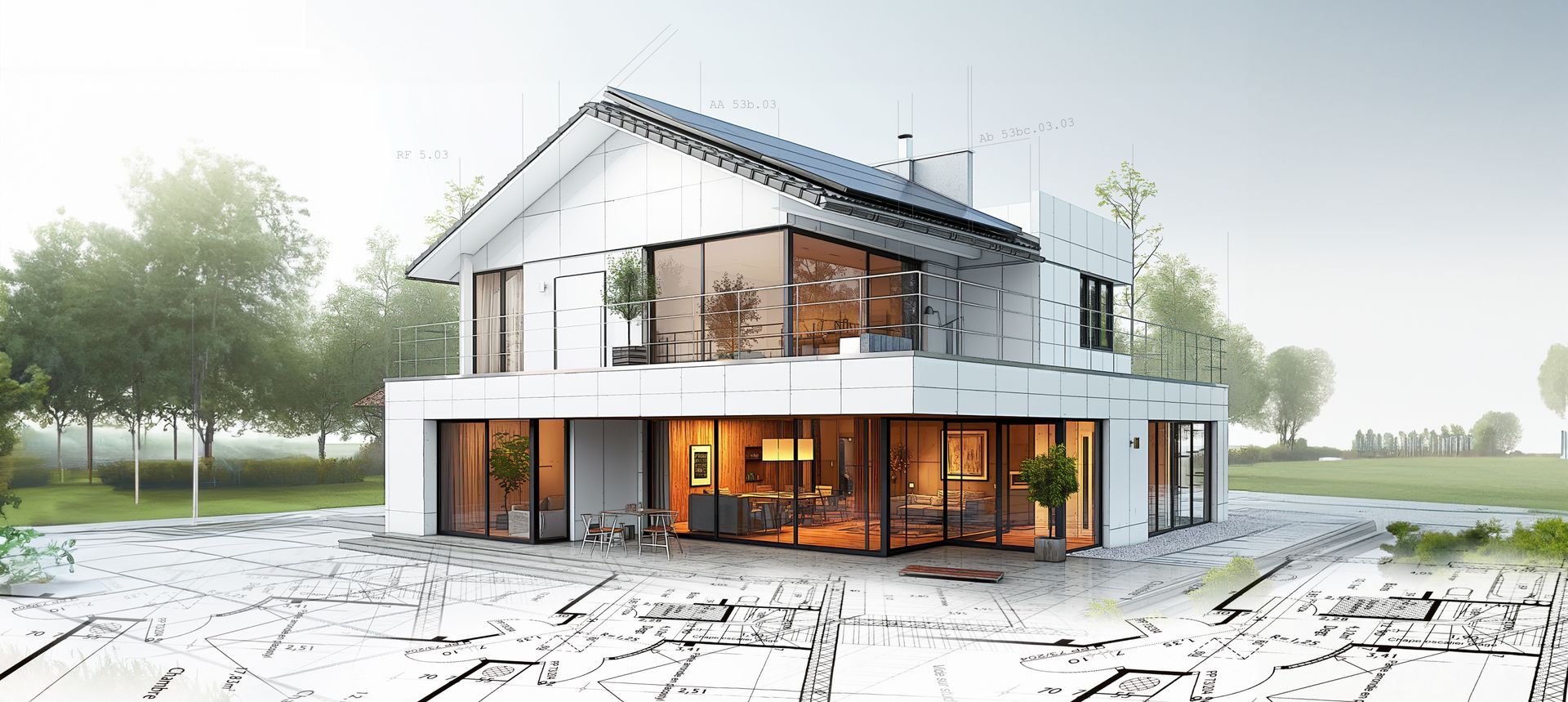 Maison blanche moderne de deux étages avec de grandes baies vitrées et un toit plat dans un cadre paysager.