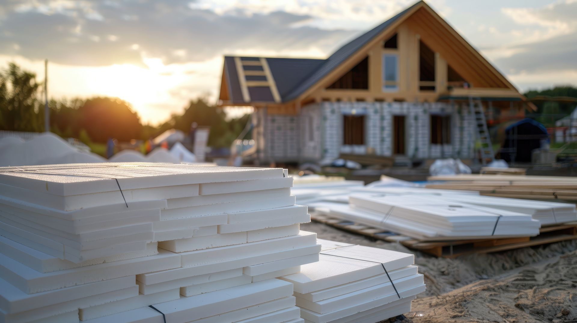 Des piles de bois sur le chantier d'une maison en construction.