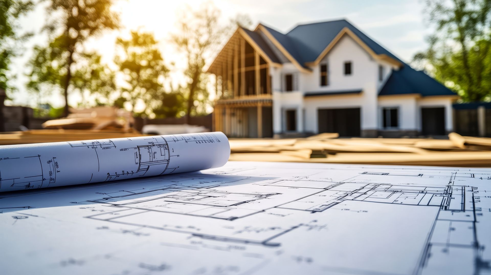 Au premier plan, des plans de maison enroulés, avec en arrière-plan une maison à ossature neuve en construction.