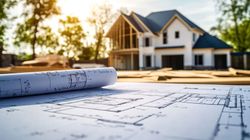 Des plans enroulés au premier plan, une maison en construction en arrière-plan.