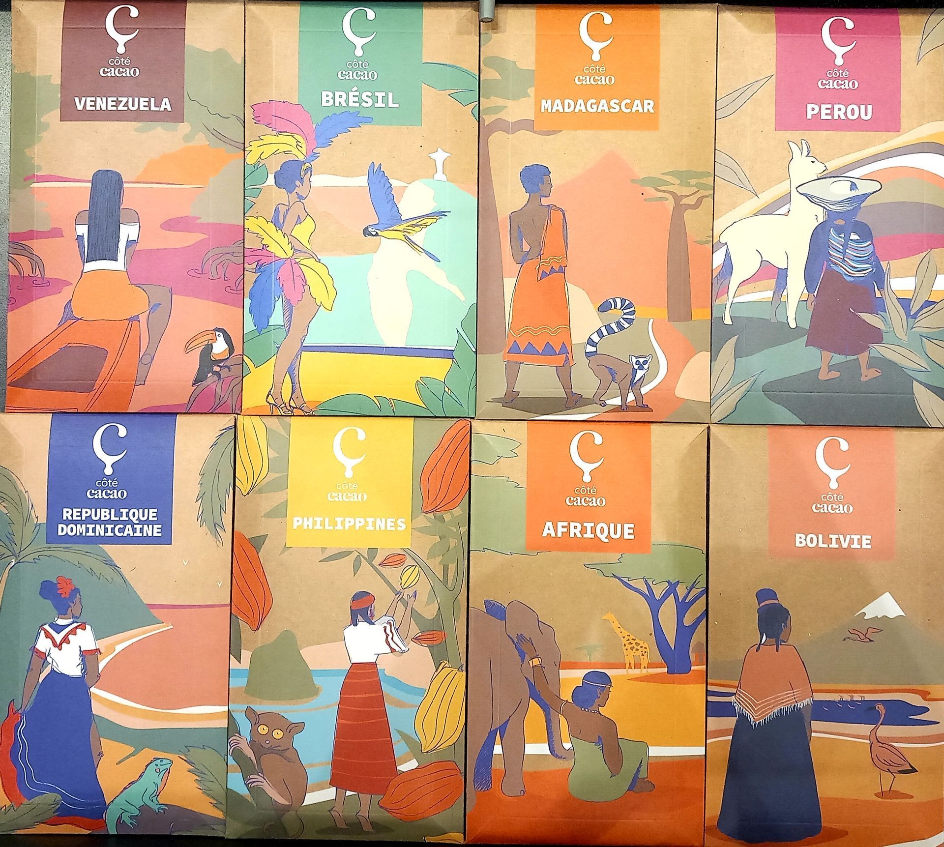 Vitrine de chocolaterie avec divers chocolats, friandises et étagères remplies de produits emballés.