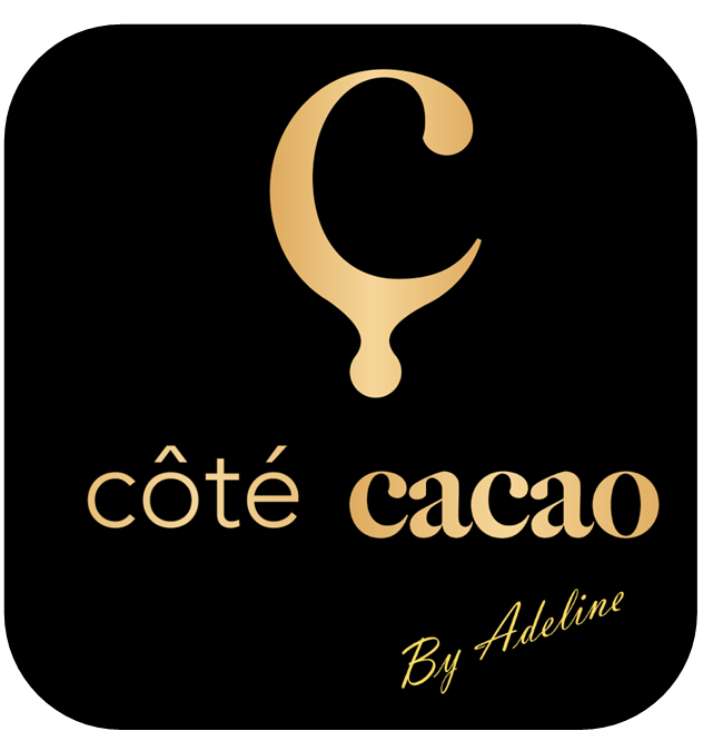 Accueil C doré avec une goutte fondante, texte côte cacao en dessous.