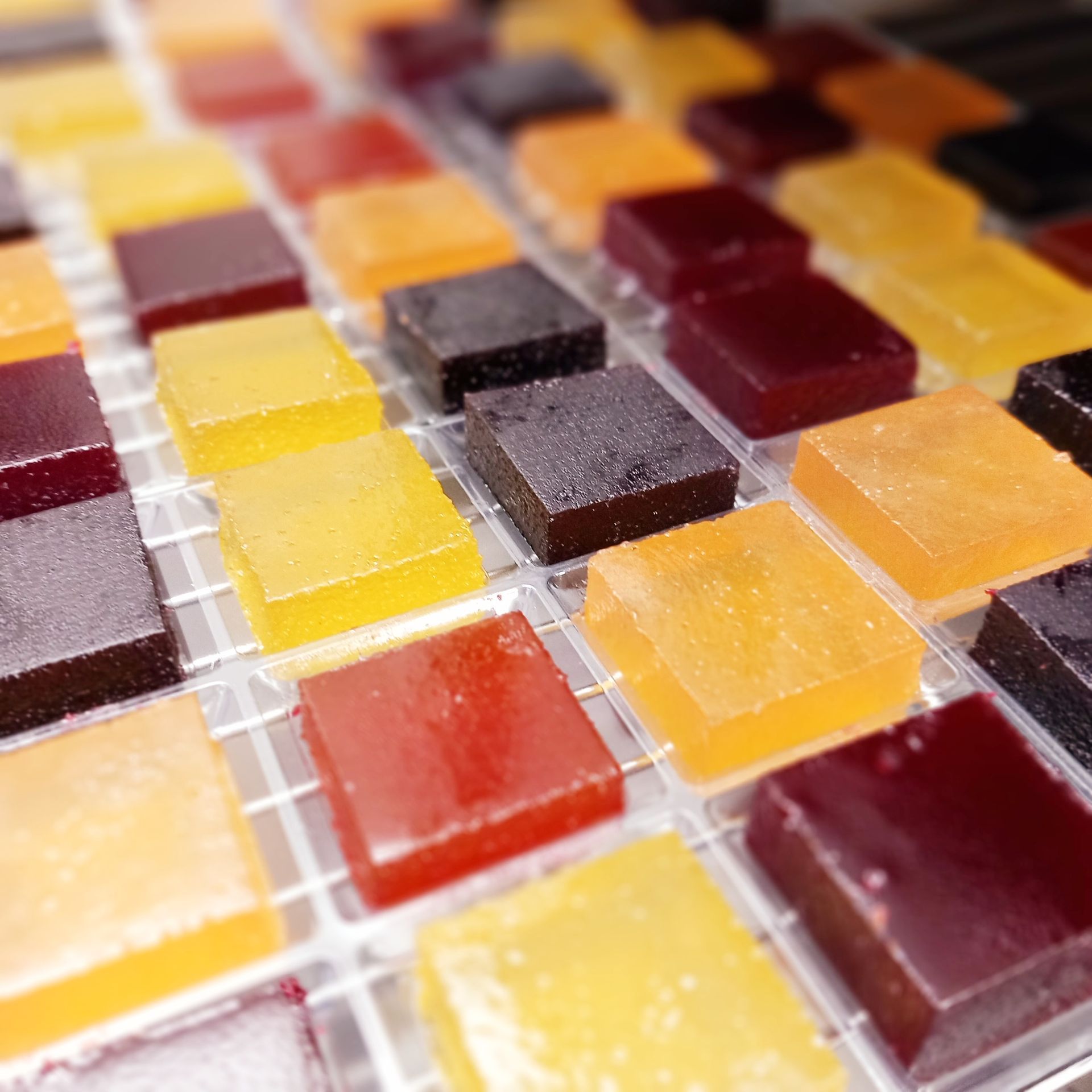 Gelées de fruits carrées colorées disposées sur une grille de séchage.