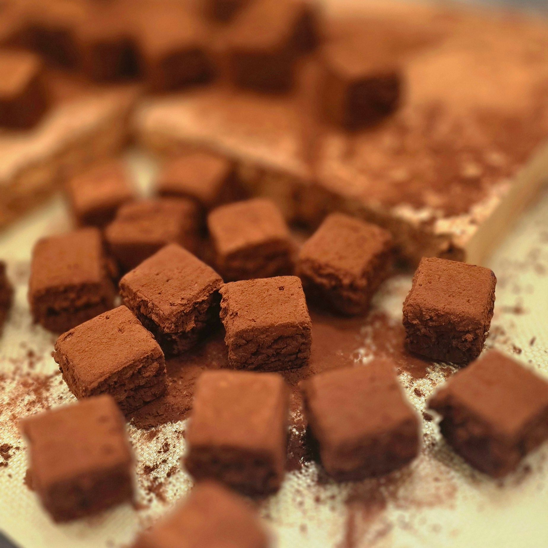 Cubes de fudge au chocolat saupoudrés de poudre de cacao.