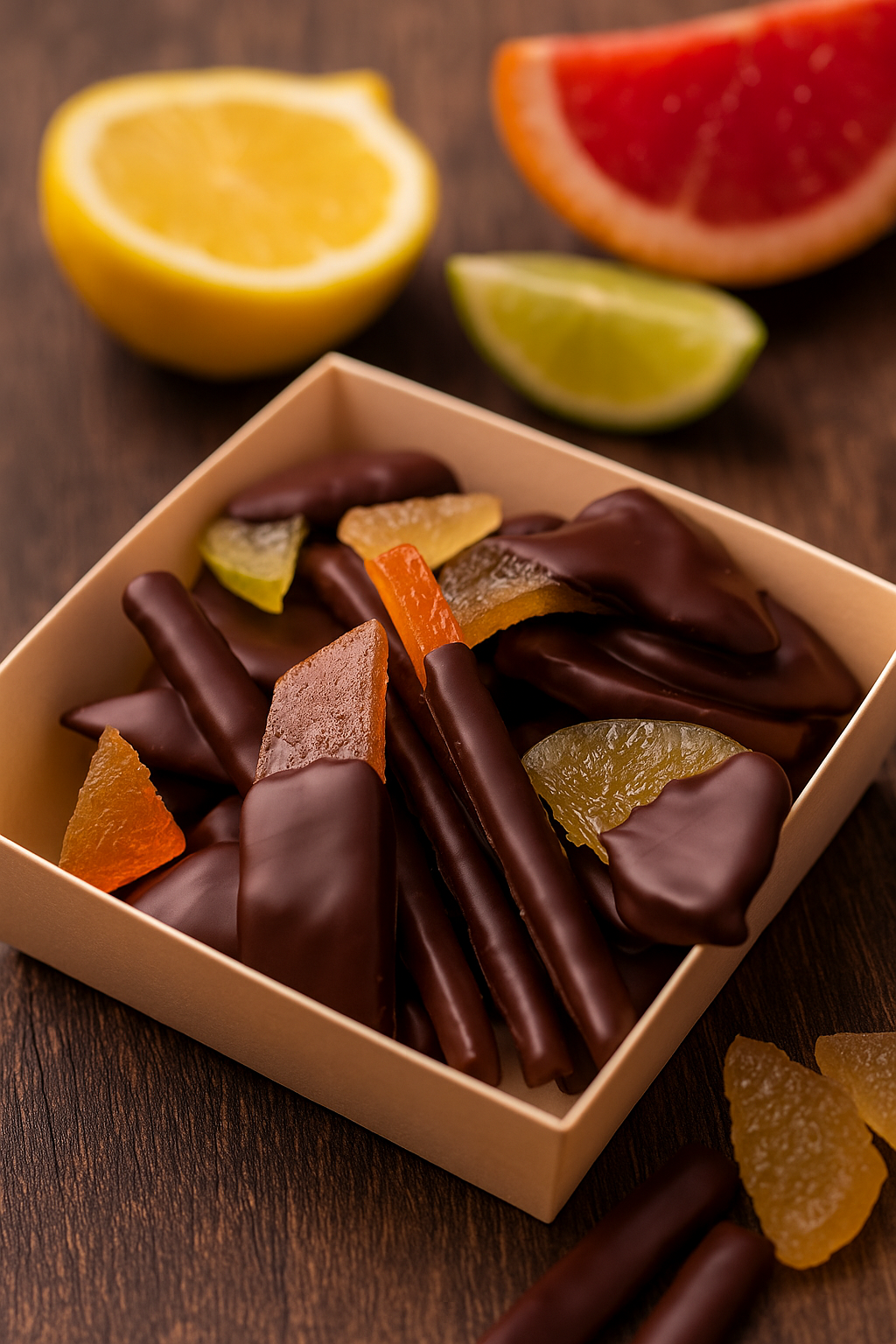 Écorces d'agrumes enrobées de chocolat noir dans une boîte avec des tranches de citron, de citron vert et de pamplemousse sur une surface en bois.