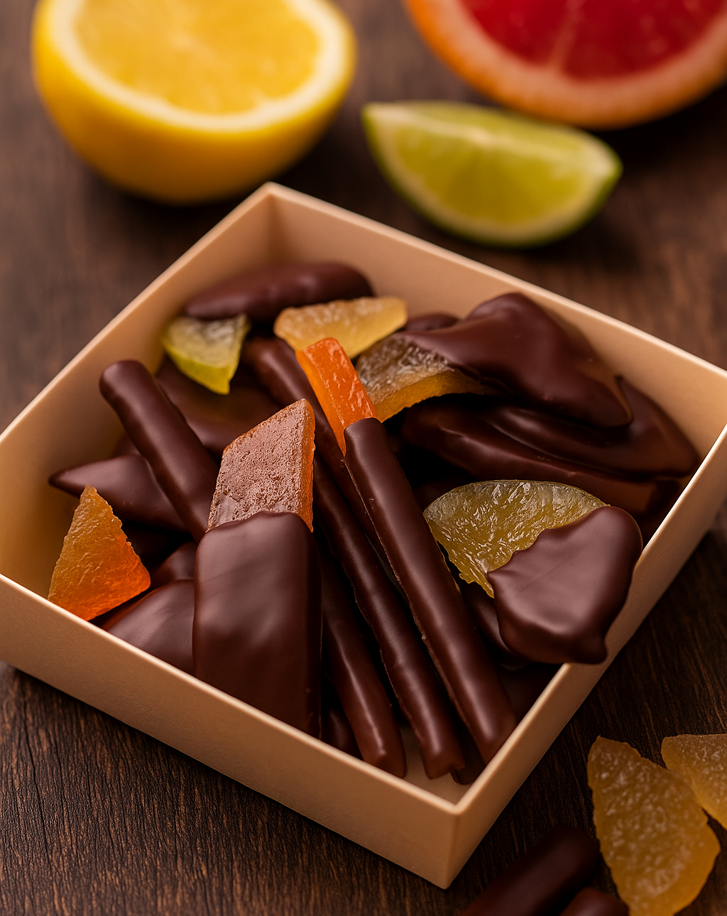 Écorces d'agrumes confites trempées dans du chocolat noir, dans une boîte, avec des agrumes.