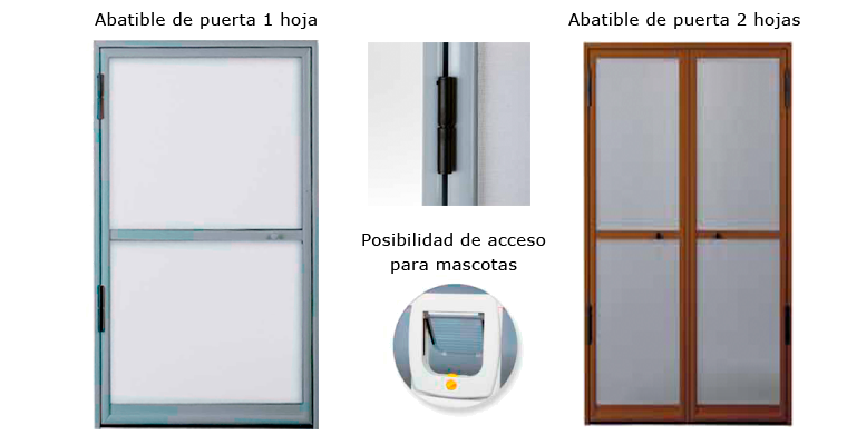 Puertas mosquiteras batientes de una o dos hojas con un recuadro que muestra la opción de puerta para mascotas.