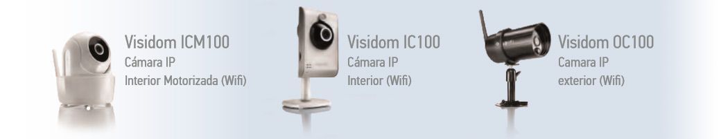 Tres cámaras de vigilancia Wi-Fi: la Wisdom ICM100 blanca, la delgada IC300 blanca y la IC700 tipo bala sobre un soporte.