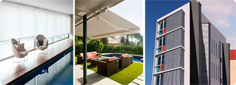 Un collage que muestra persianas enrollables blancas