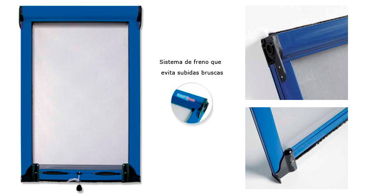 Una mosquitera retráctil azul, mostrada en su totalidad y con primeros planos de su mecanismo de frenado de retracción lenta.