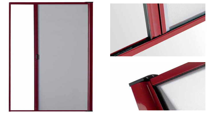 Una puerta mosquitera con marco rojo y panel lateral a juego