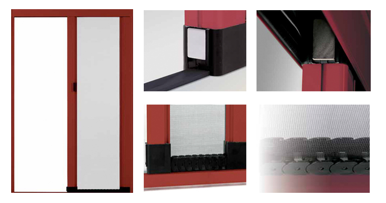 Una puerta corredera de malla roja 