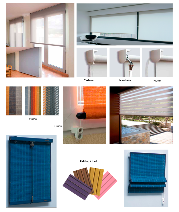 Un collage con diferentes estilos de persianas, mecanismos de funcionamiento, texturas de tela y opciones de color.