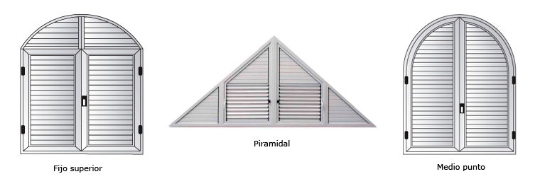 Tres contraventanas blancas de lamas: una con arco superior