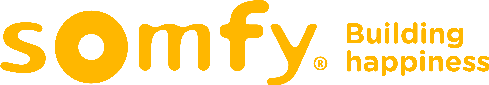 El logotipo amarillo de la marca Somfy con el lema 