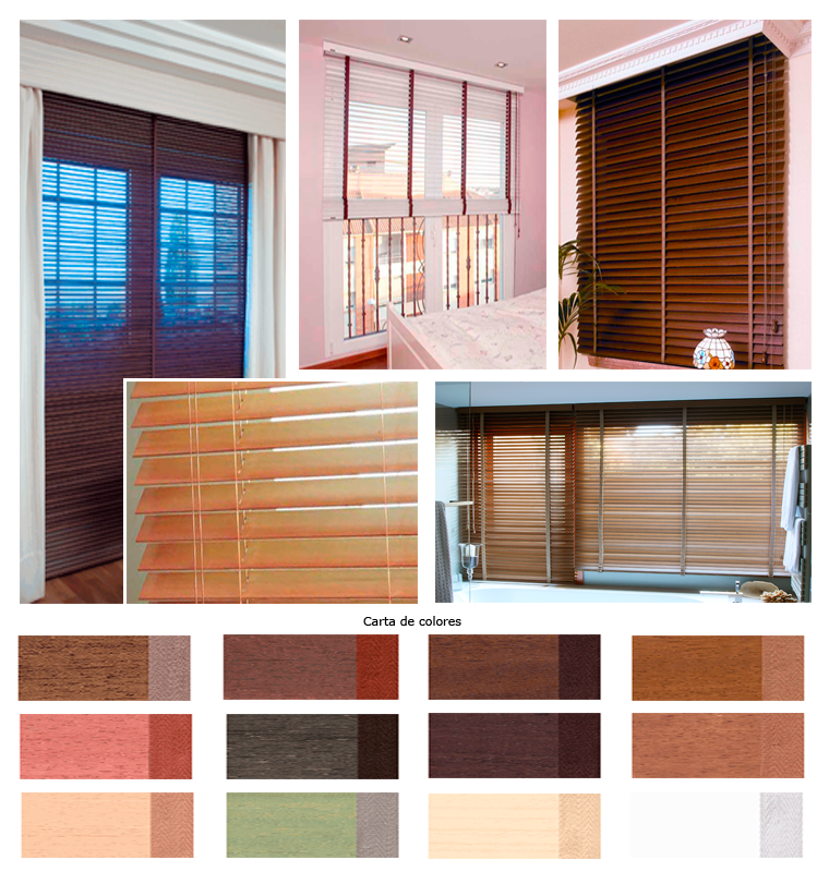 Un collage que muestra varios estilos y colores de persianas y cortinas de madera para el diseño de interiores del hogar.