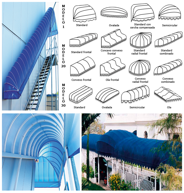 Catálogo de estilos de toldos de tela azul que incluye diversas formas, diagramas y fotos de instalaciones realizadas.