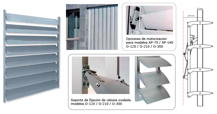 Un collage técnico que muestra sistemas de parasoles
