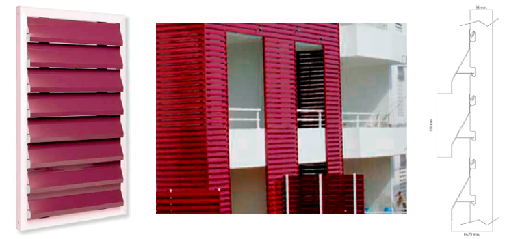 Celosías horizontales rojas en la fachada de un edificio