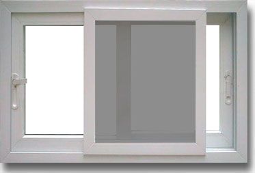 Una ventana corredera horizontal con marco blanco y una mosquitera gris que cubre la mitad de la abertura.