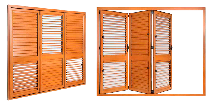 Dos vistas de contraventanas plegables de madera