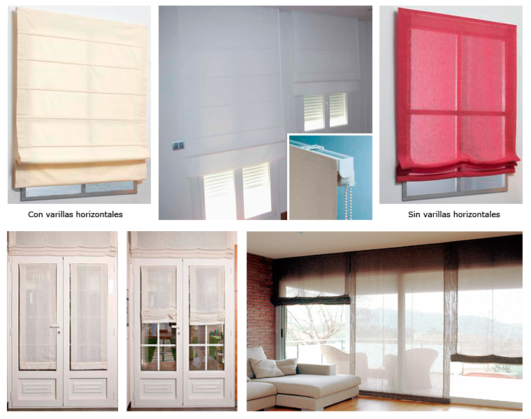 Un collage que muestra diferentes estilos de estores romanos de tela, incluyendo variaciones con y sin varillas horizontales.