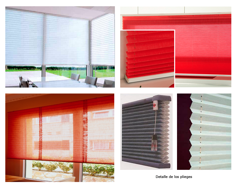 Un collage de persianas plisadas en varios colores y estilos, incluyendo blanco, rojo y gris, que resaltan sus texturas.